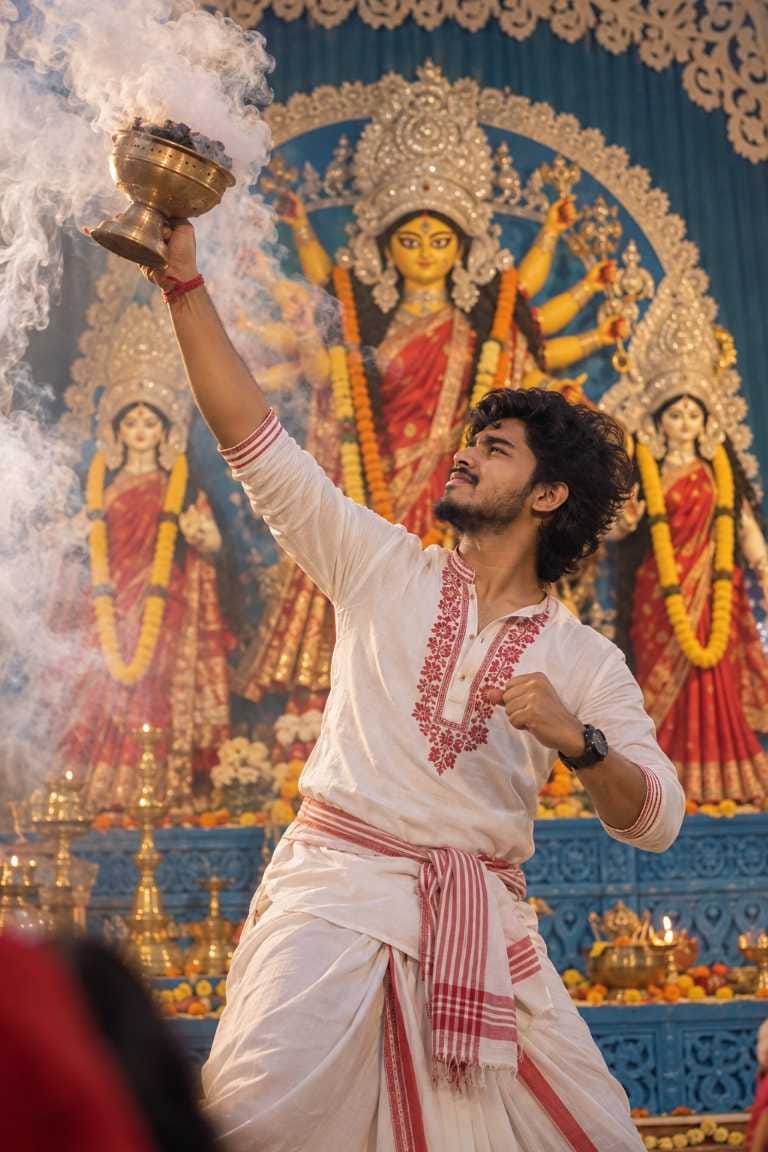 Durga Puja prompt for boy performing dhunuchi dance with smoke