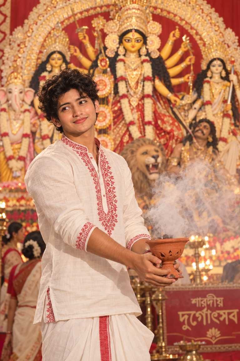 Durga Puja prompt for boy holding dhunuchi with smoke near Maa Durga idol