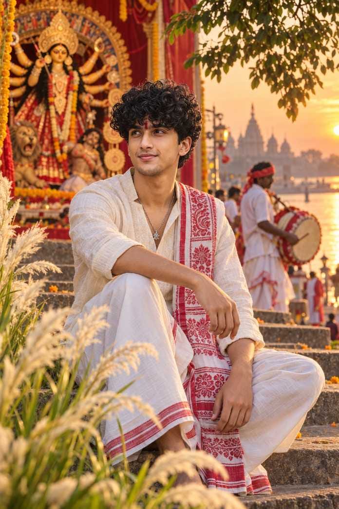 Durga Puja prompt for boy sitting near river ghat during sunset