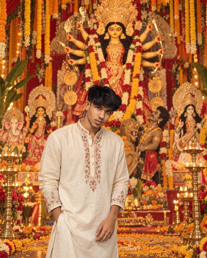 Durga Puja prompt for boy standing in front of decorated Maa Durga pandal