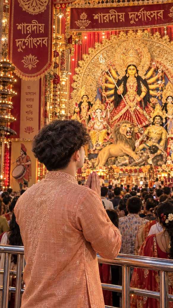 Durga Puja prompt for boy praying in front of Maa Durga idol back view