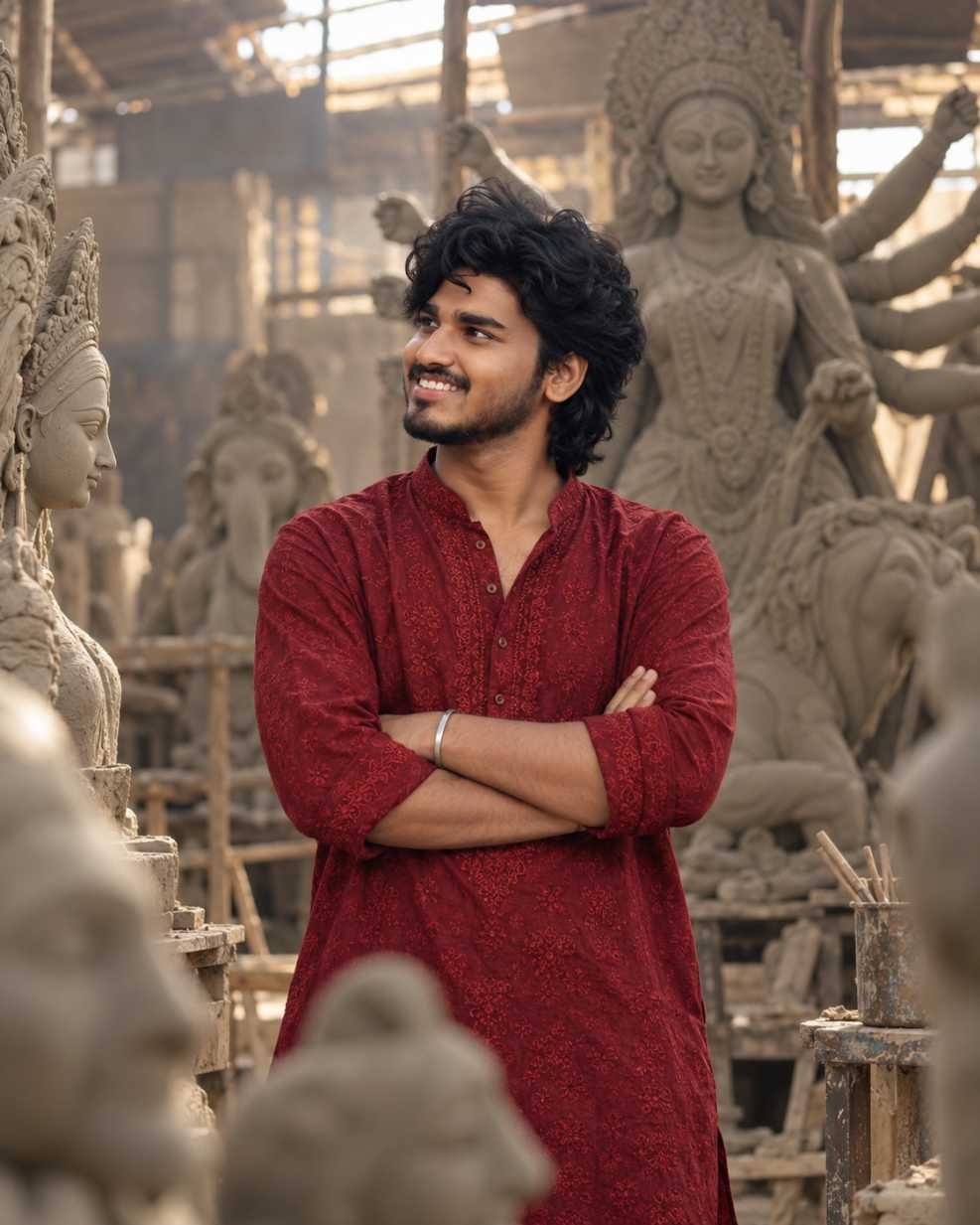 Durga Puja prompt for boy standing near clay Maa Durga idols in artisan workshop