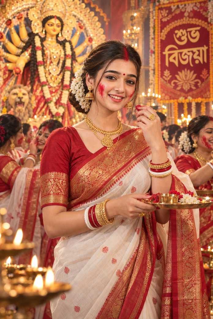 Durga Puja prompt for girl holding aarti thali during Vijaya Dashami
