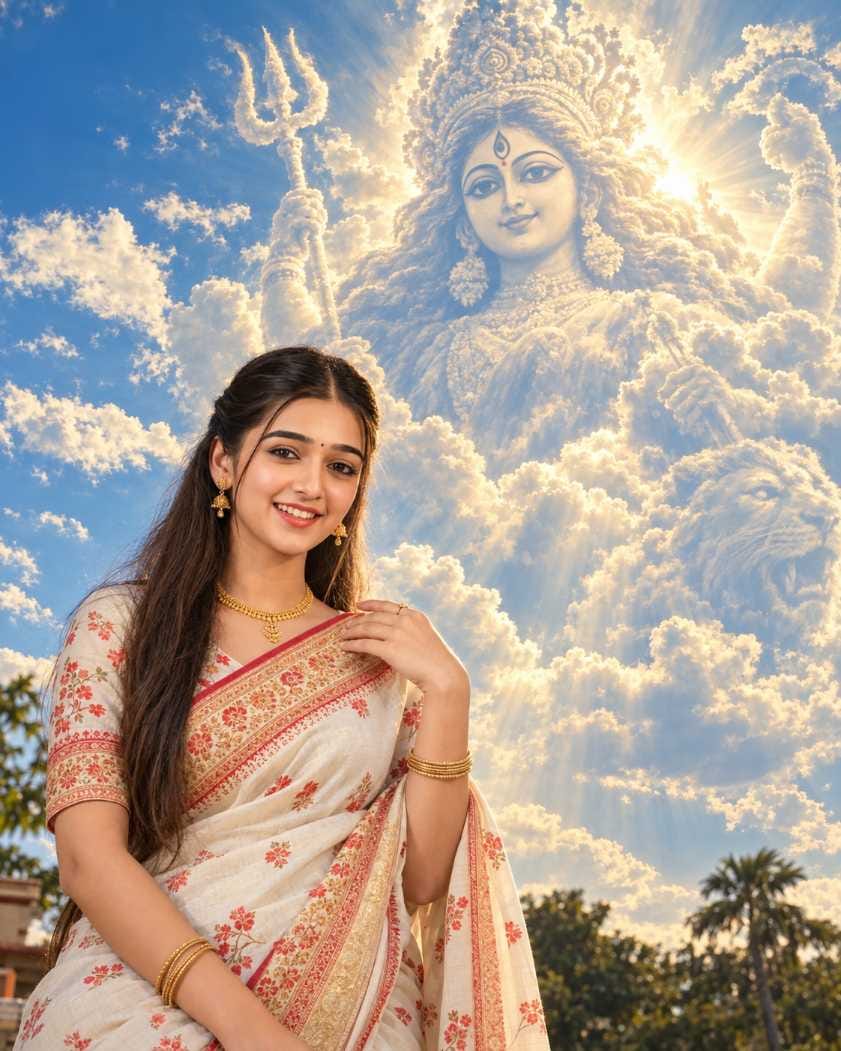 Durga Puja prompt for girl with Maa Durga formed in clouds