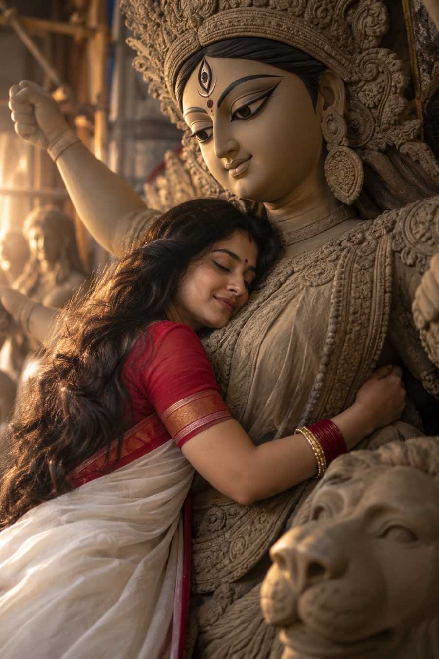Girl in red and white saree hugging Maa Durga idol AI photo prompt