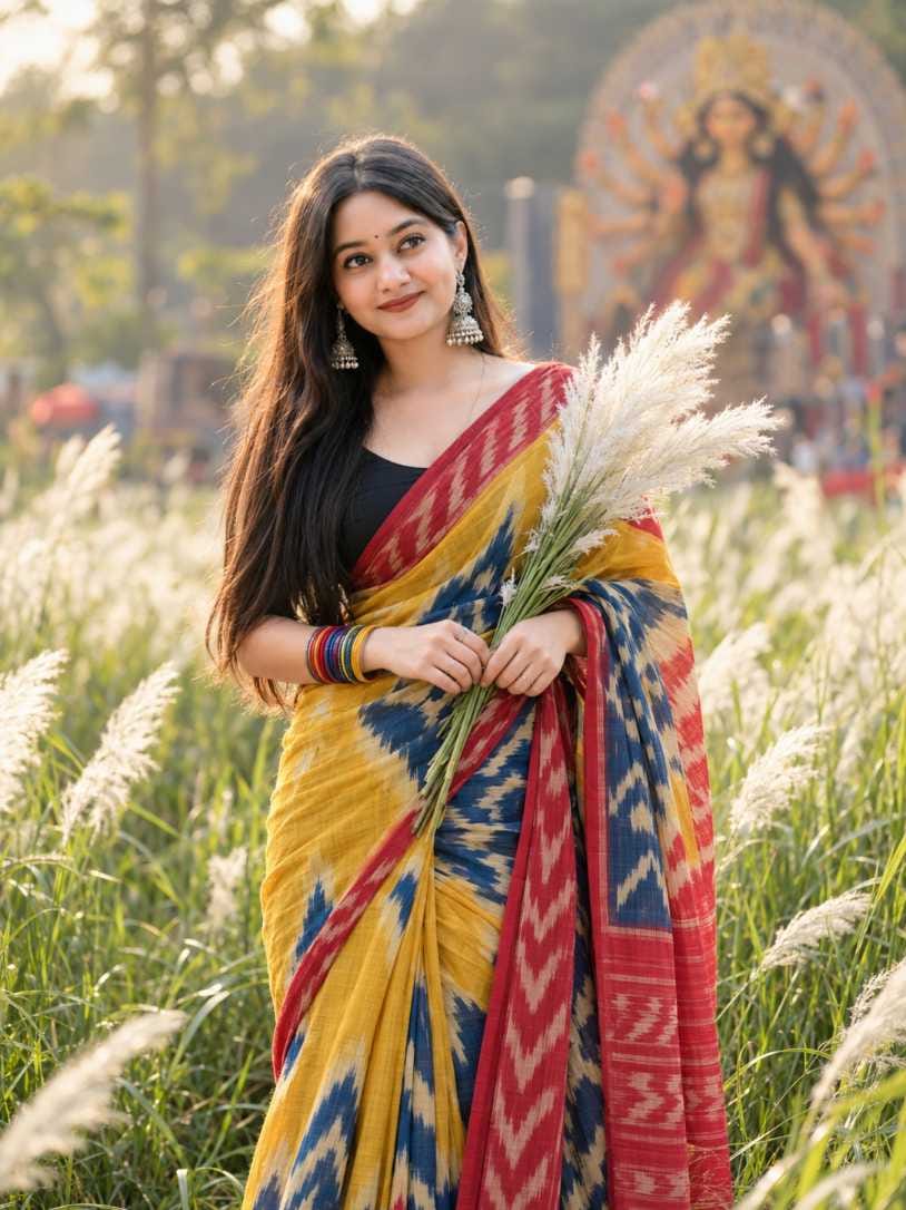 Durga Puja prompt for girl standing in kaash phul field