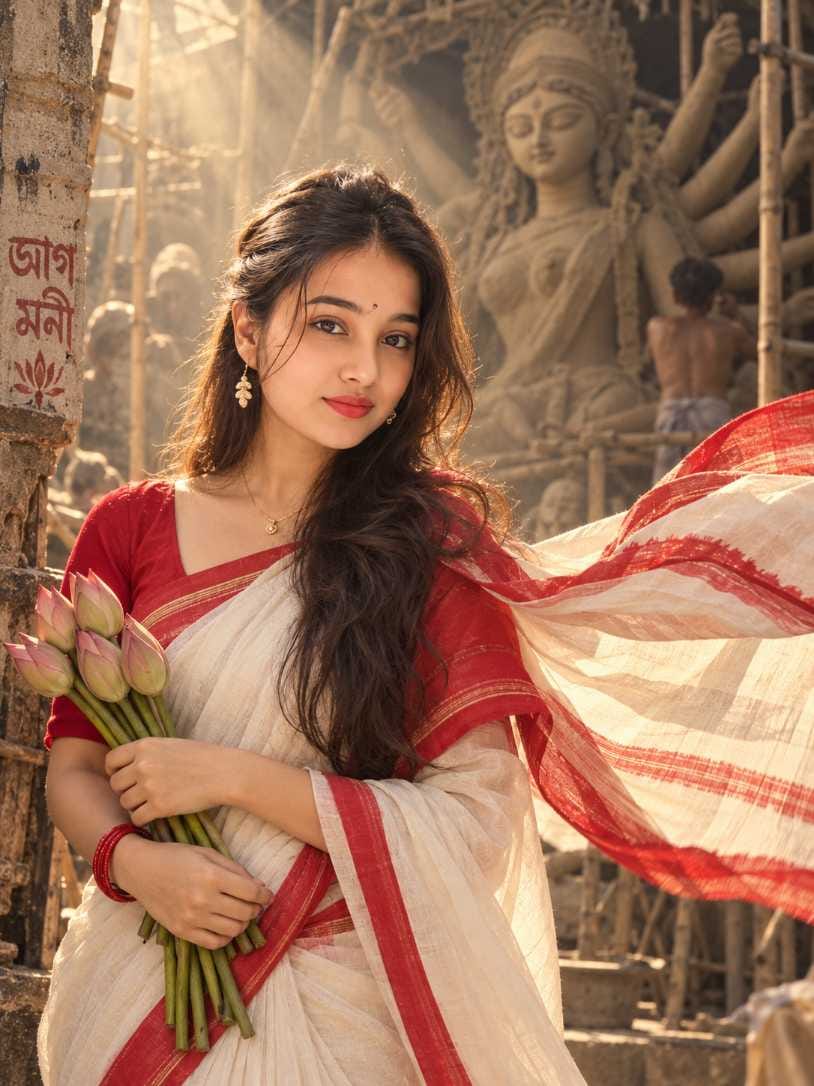 Durga Puja prompt for girl holding lotus flowers near pandal