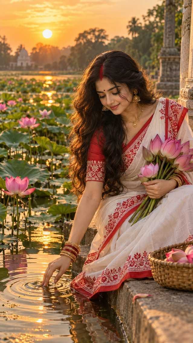 Durga Puja prompt for girl sitting near lotus pond at sunset