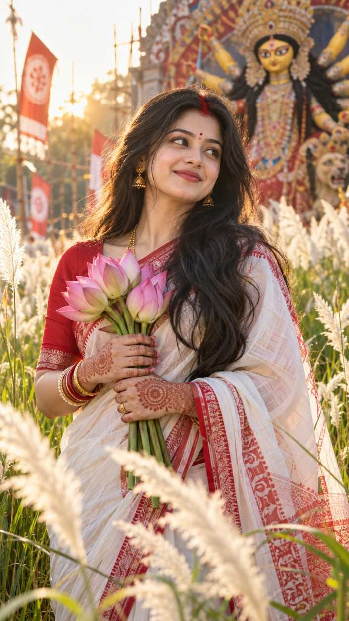 Durga Puja prompt for girl holding pink lotus flowers with mehendi hands