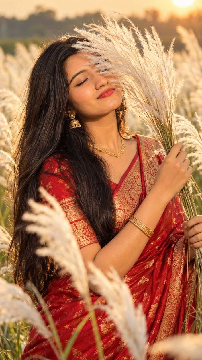 Durga Puja prompt for girl in red saree standing in kaash phul field at sunset