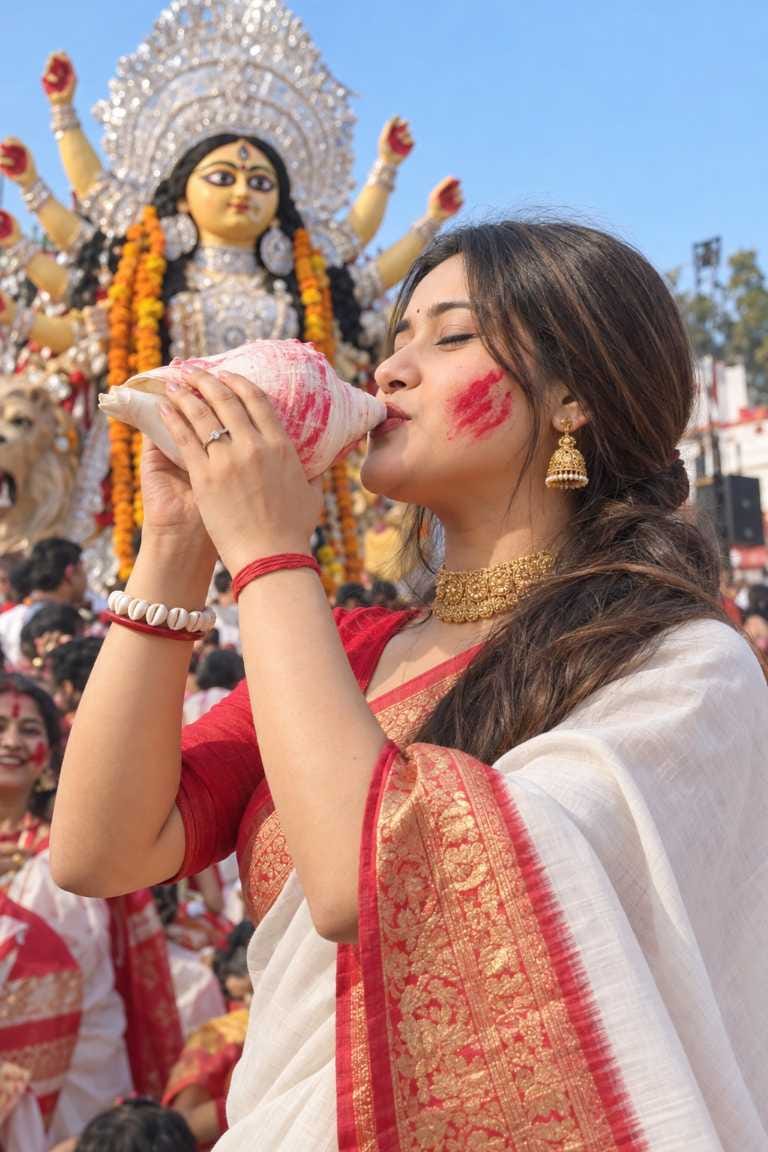 Durga Puja prompt for girl blowing shankha in front of Maa Durga idol
