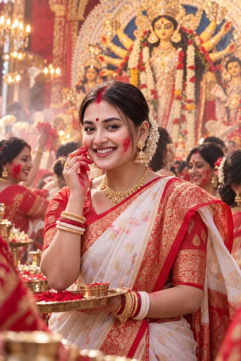 Durga Puja prompt for girl applying sindoor on her cheek during sindoor khela