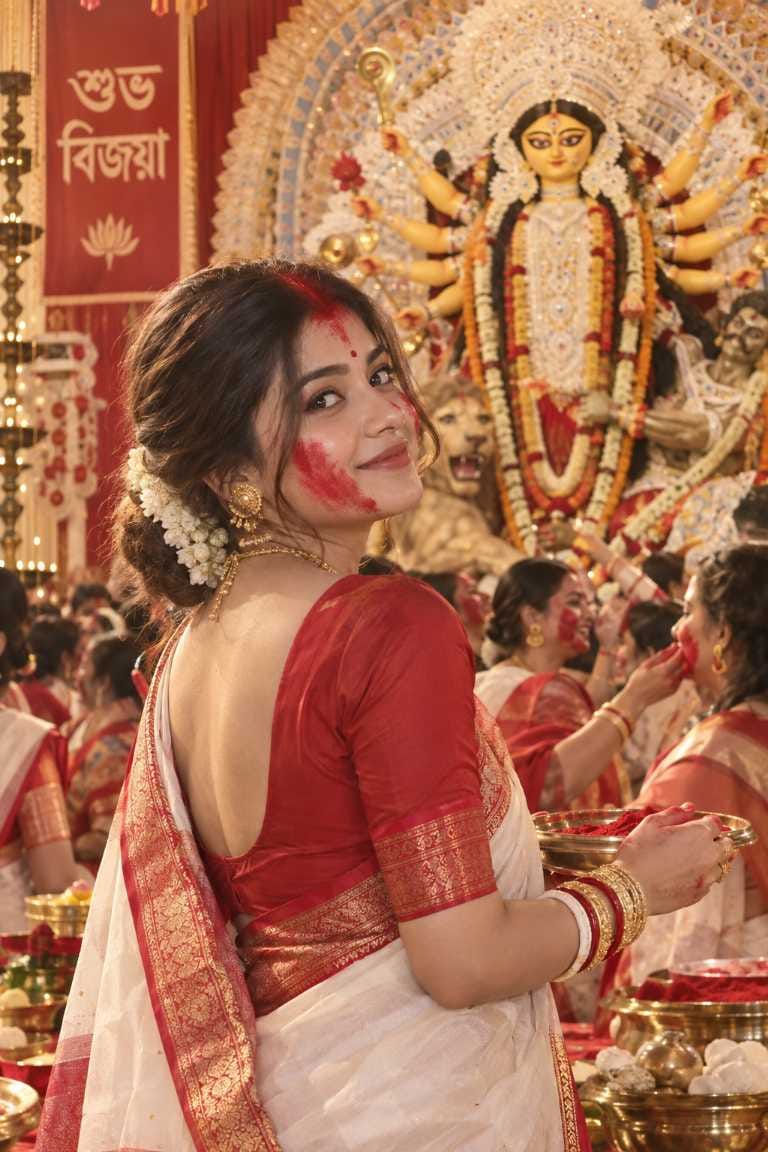 Durga Puja prompt for girl playing sindoor khela on Vijaya Dashami