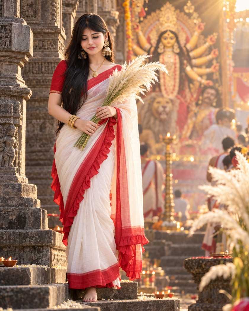 Durga Puja prompt for girl holding kaash phul on temple steps
