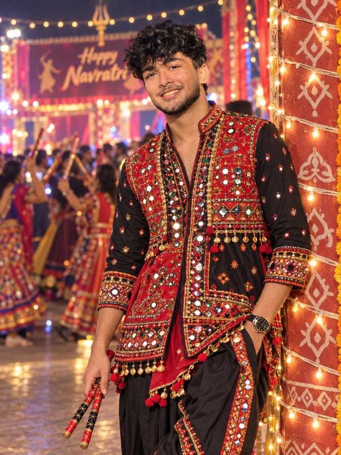 Smiling Indian boy in a black and red mirror-work kediyu holding dandiya sticks at a Navratri celebration