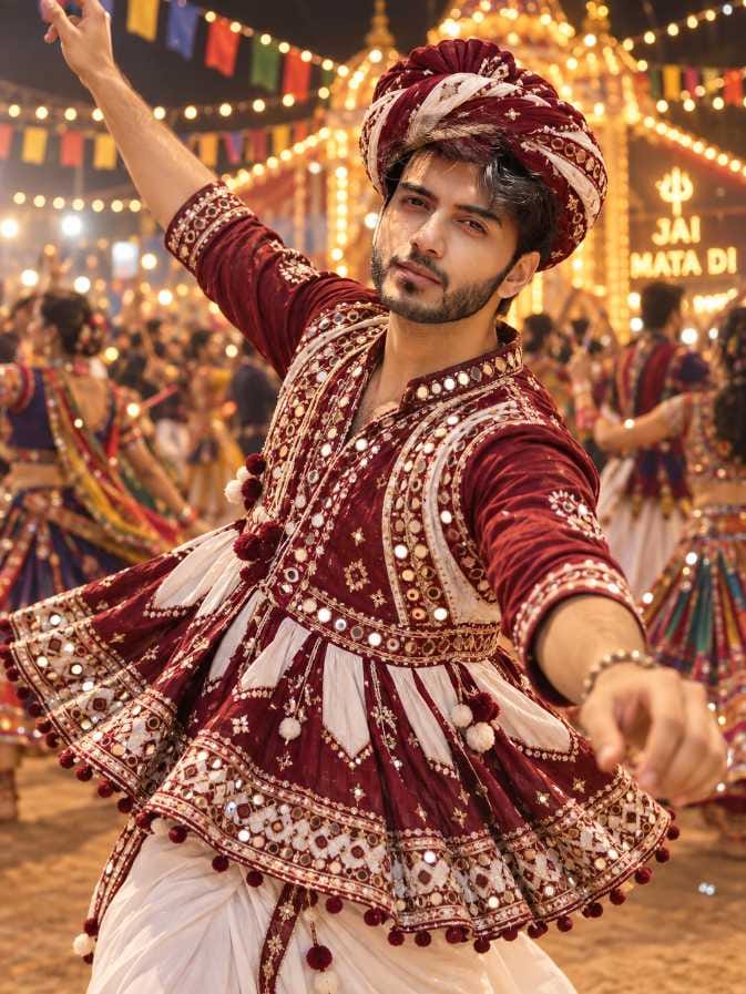 Bearded Indian man in maroon and white kediyu and turban striking a garba pose under Navratri fairy lights