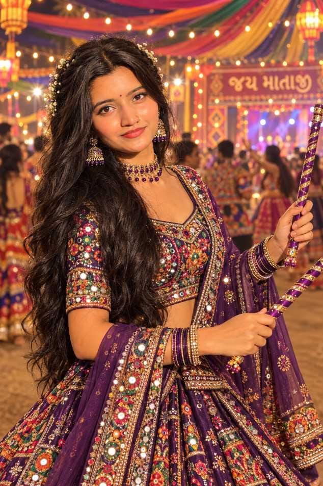 Indian girl with long wavy hair in a purple mirror-work lehenga holding dandiya sticks at a Navratri night ground