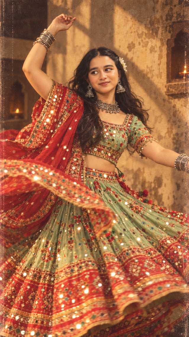 Young Indian woman spinning in a mint-green and red chaniya choli with retro 90s film grain