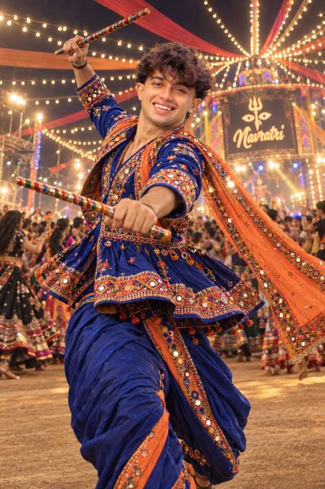 Indian boy in royal blue and orange kediyu dancing garba with dandiya sticks at a Navratri night ground