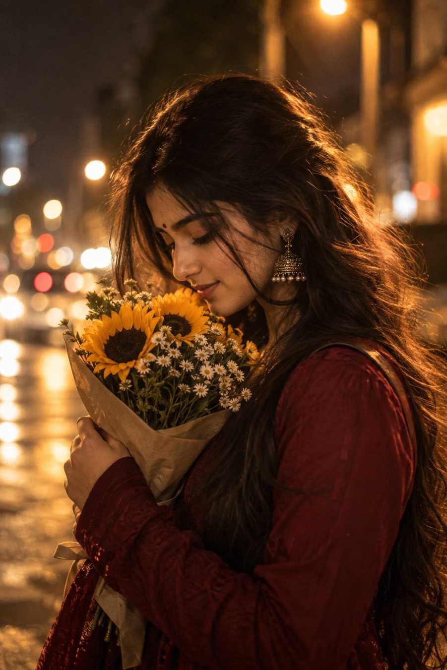 Young Indian girl smelling a sunflower bouquet in soft golden night light, made with a flower bouquet AI photo prompt