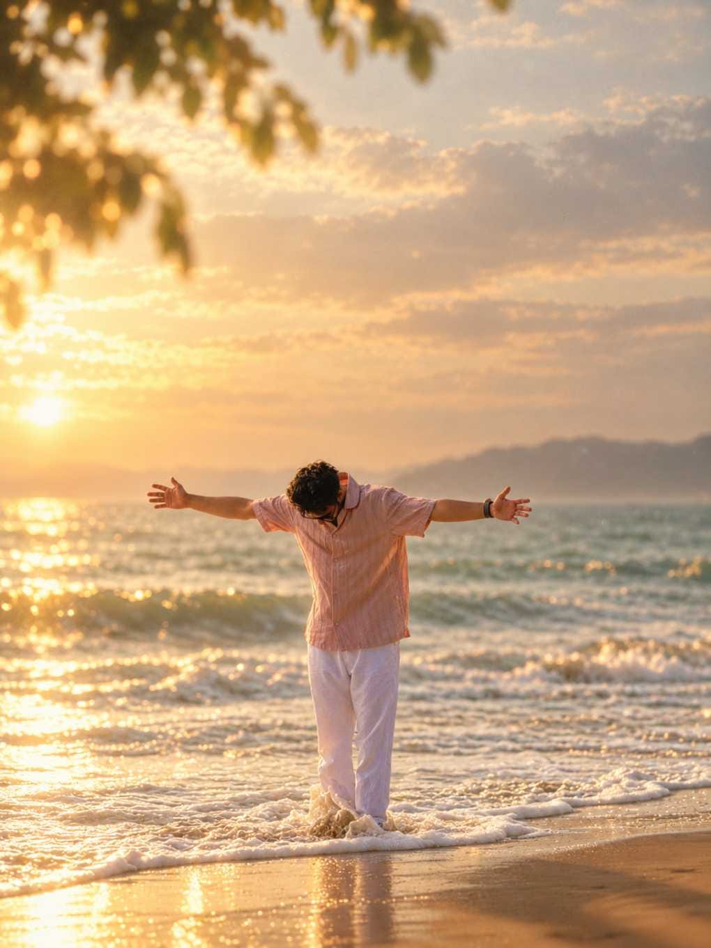 Boy standing on beach with arms open during golden hour AI photo prompt