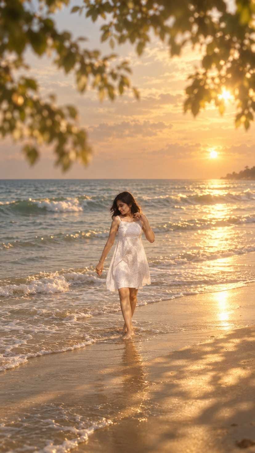Girl in white dress walking on beach during golden hour AI photo prompt