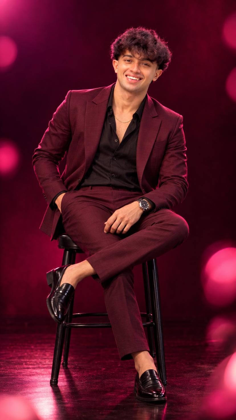 Boy in burgundy suit sitting on stool for luxury fashion photoshoot AI photo prompt