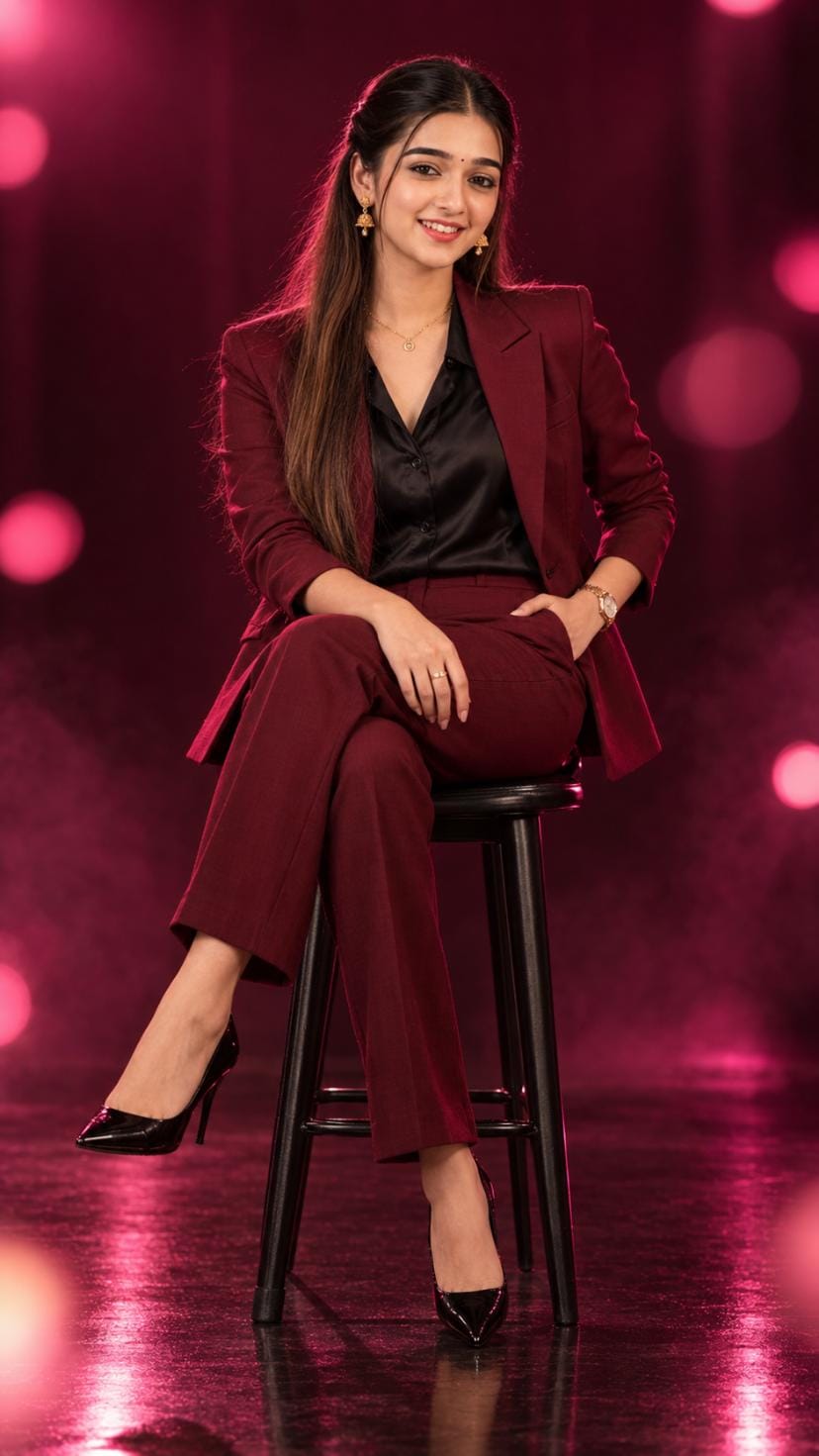 Girl in burgundy suit sitting on stool for luxury fashion photoshoot AI photo prompt