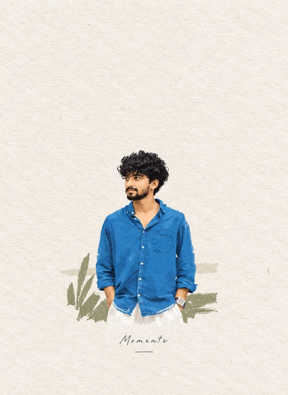 Watercolor style portrait of a young man with curly hair and a beard, wearing a blue shirt with hands in pockets, with the word "Moments" written below
