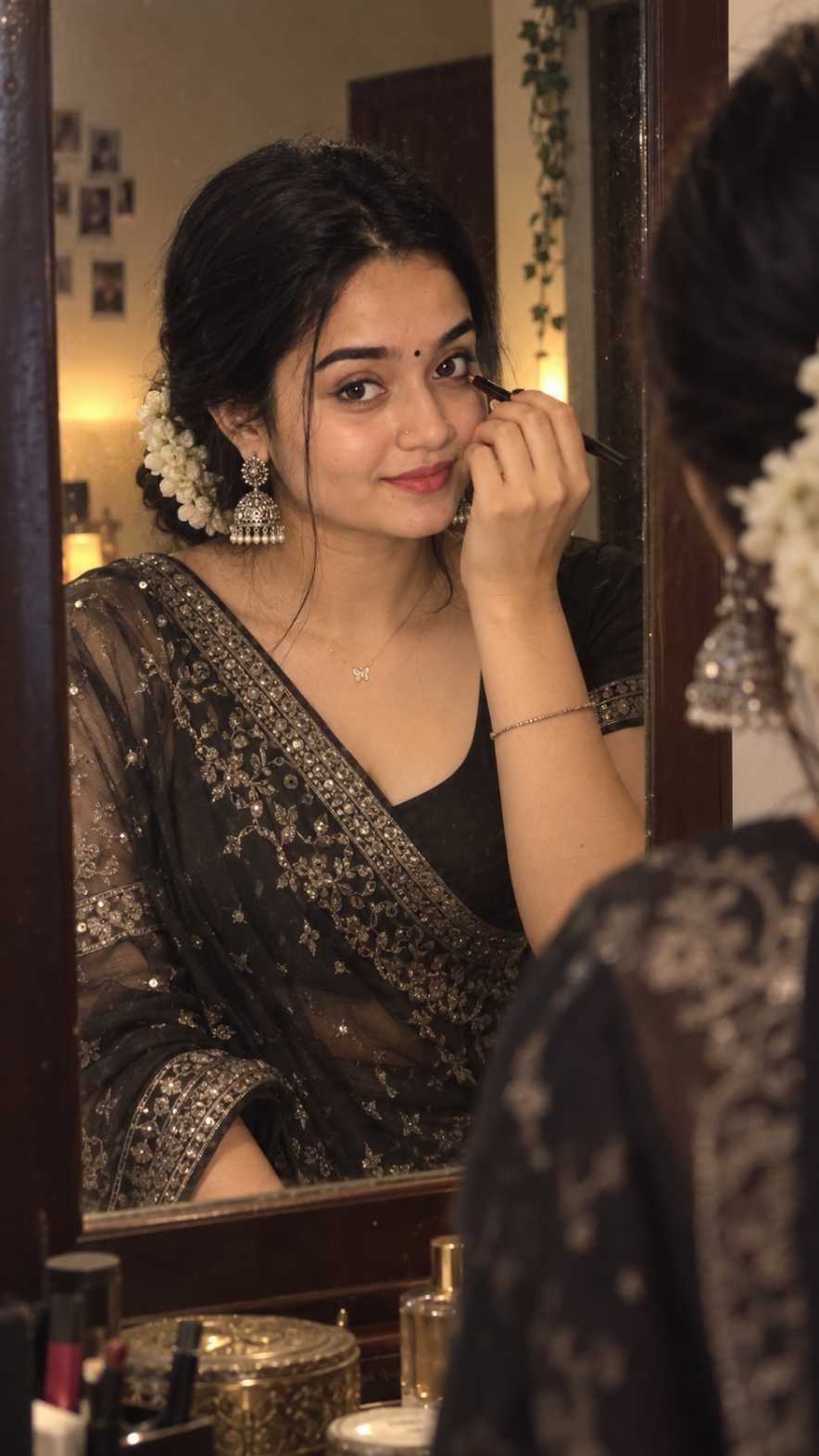 Girl in black saree applying kajal in mirror, AI photo prompt style