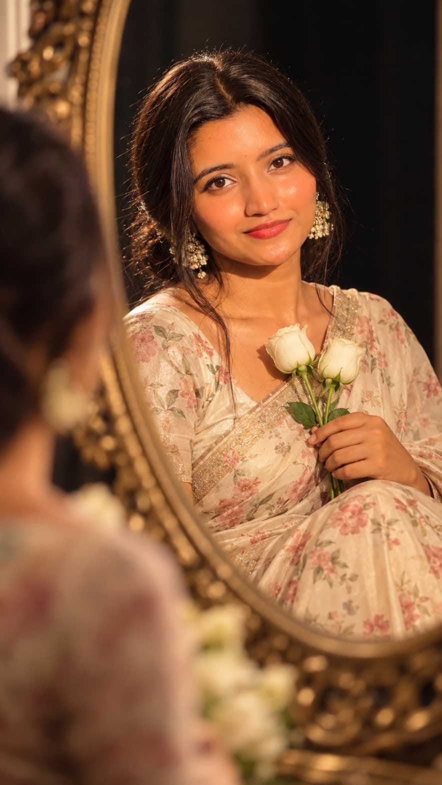 Girl in floral saree holding white roses in golden mirror, AI photo prompt