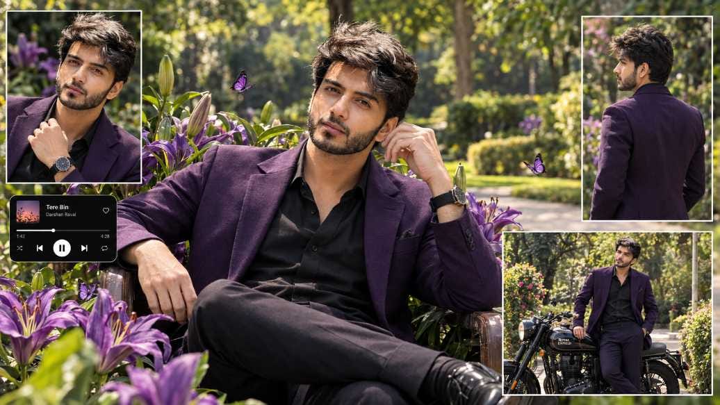 Boy in purple blazer sitting in lily garden AI photo prompt collage with motorcycle and music player