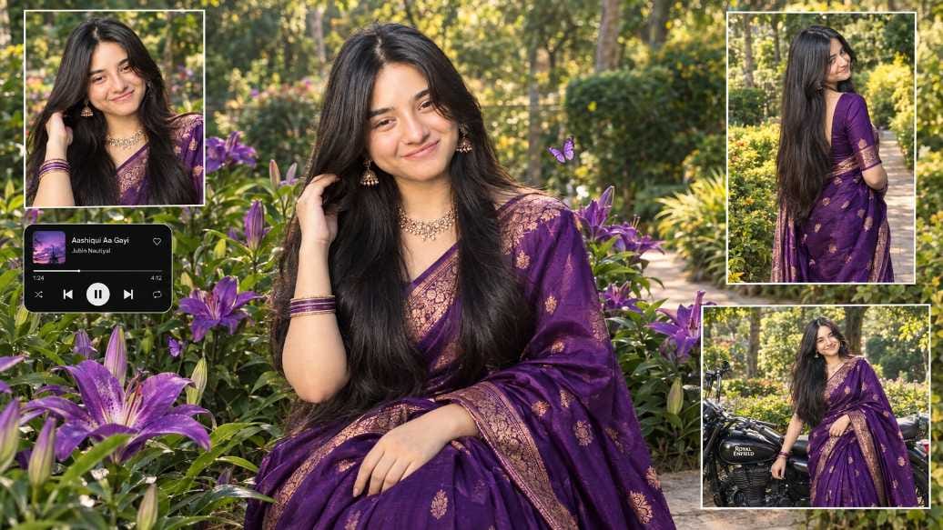 Girl in purple silk saree sitting in lily garden AI photo prompt collage with motorcycle and music player