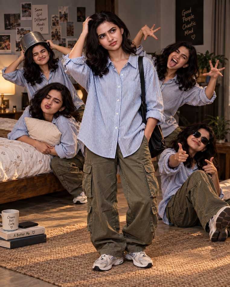 Same girl different moods collage prompt showing one girl in five different playful expressions