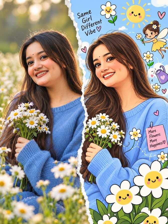 Split AI photo of a smiling girl in a blue sweater holding daisy flowers, real photo style on the left and cute cartoon style on the right