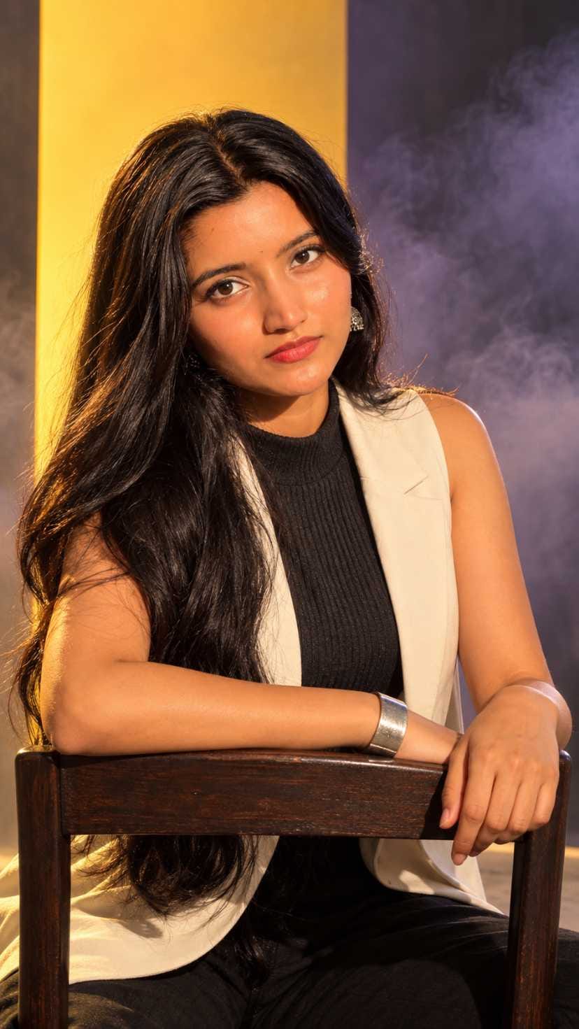 Girl sitting on a reversed wooden chair in a cinematic studio AI portrait with yellow panel and purple smoke