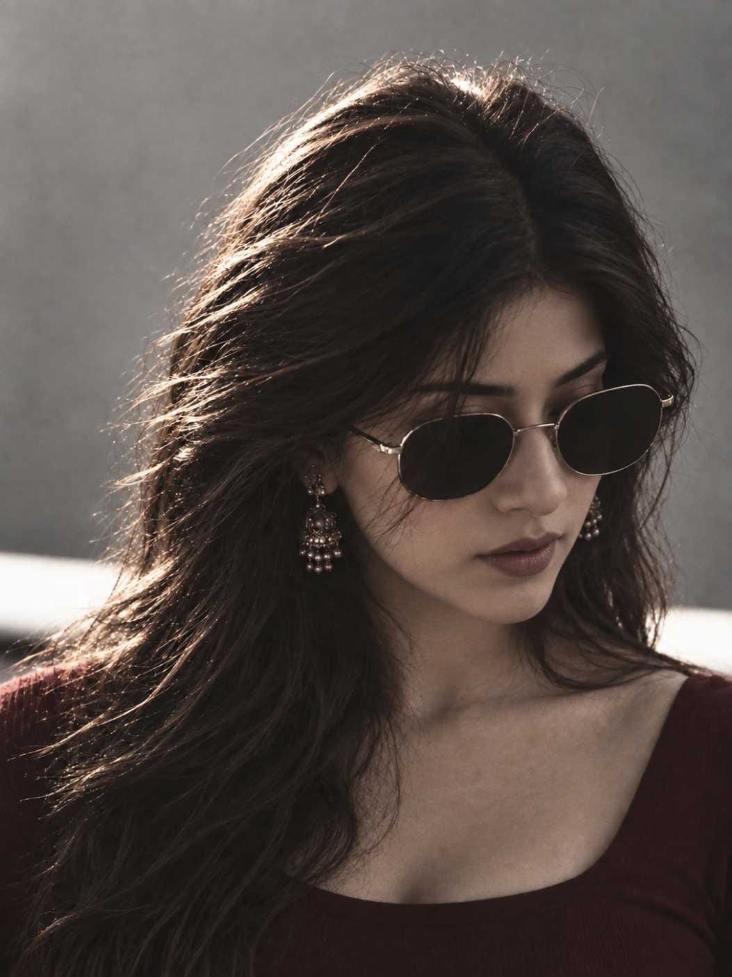 Girl version of SRK style image prompt black and white sunglasses portrait