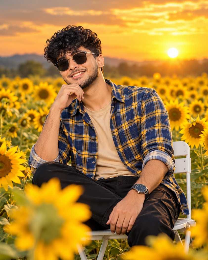 Man sitting on white chair in sunflower field using Sunflower Image Prompt