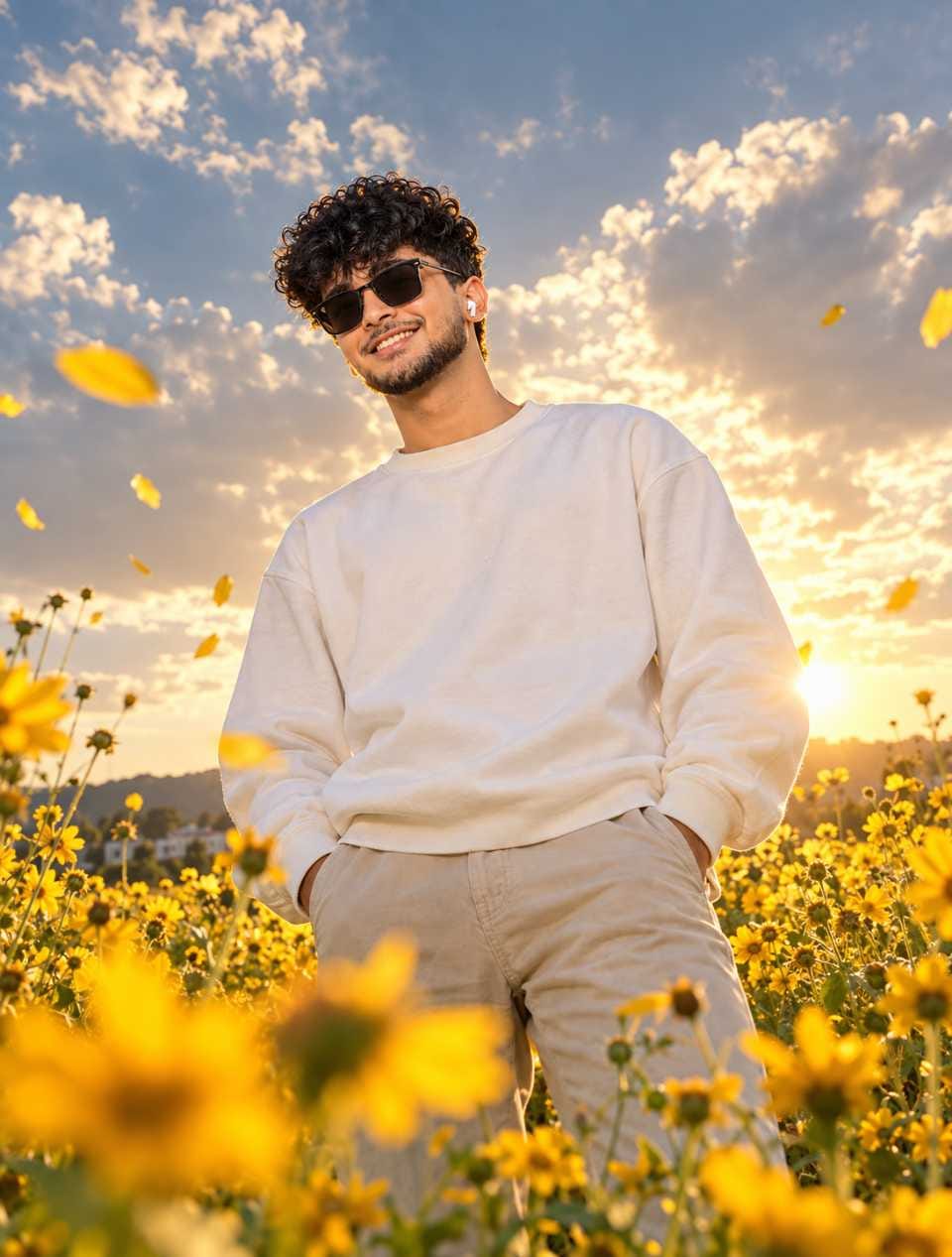 Man standing in wildflower field with floating petals using Sunflower Image Prompt