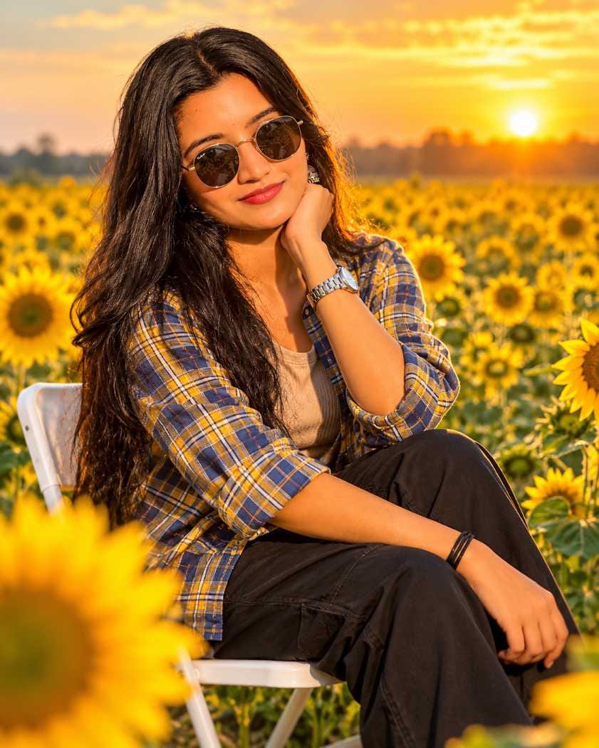 Woman sitting on white chair in sunflower field using Sunflower Image Prompt