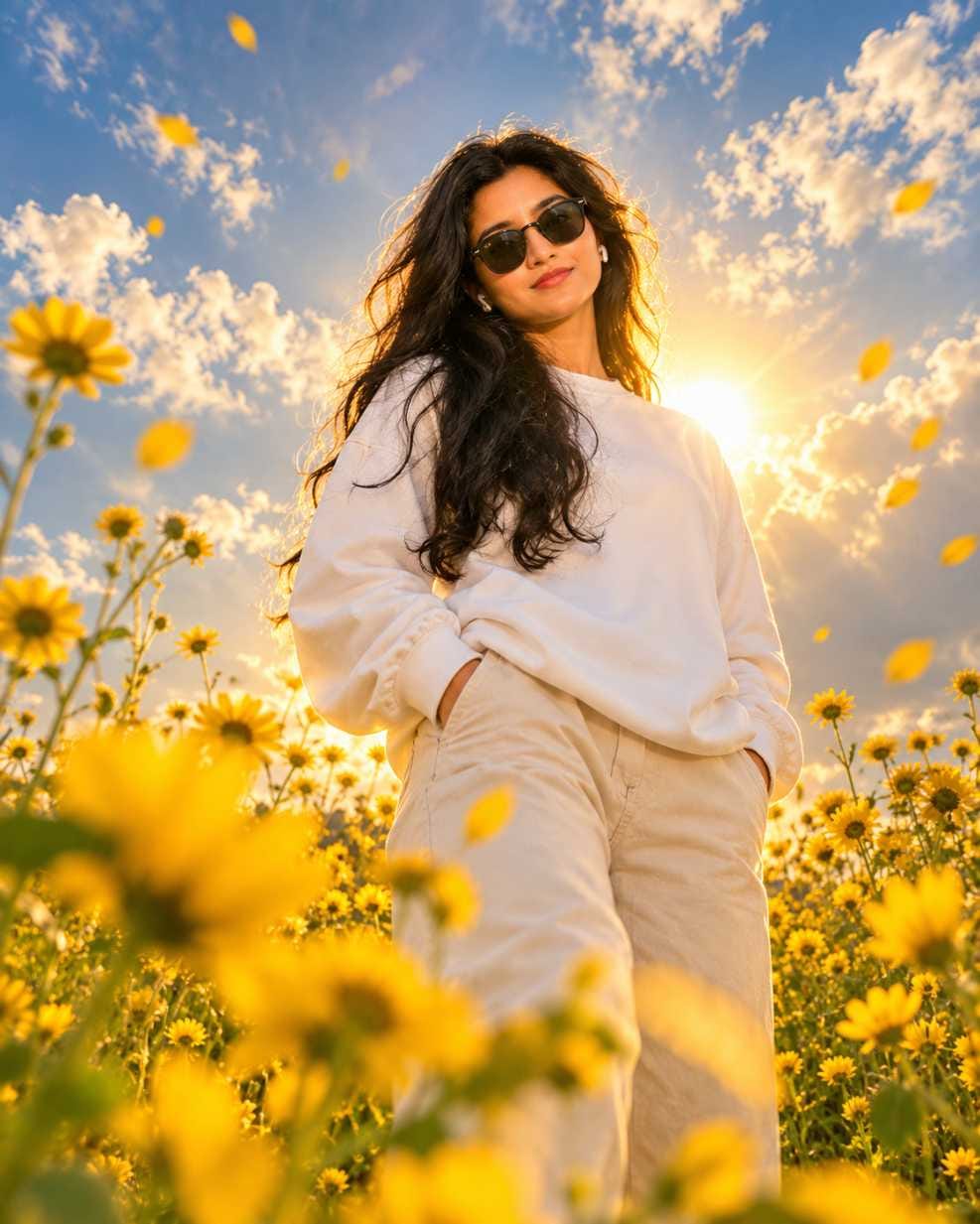 Woman standing in wildflower field with floating petals using Sunflower Image Prompt