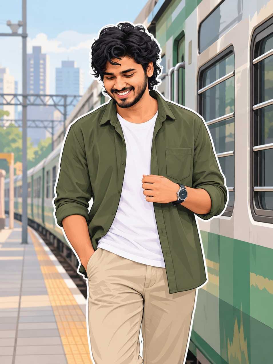 Vector Art Illustration of a boy in olive shirt standing beside a train, ChatGPT photo prompt style