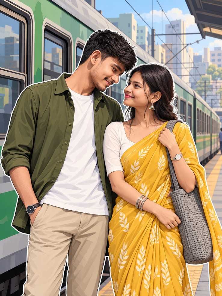 Vector Art Illustration of a couple standing together beside a train, ChatGPT photo prompt style