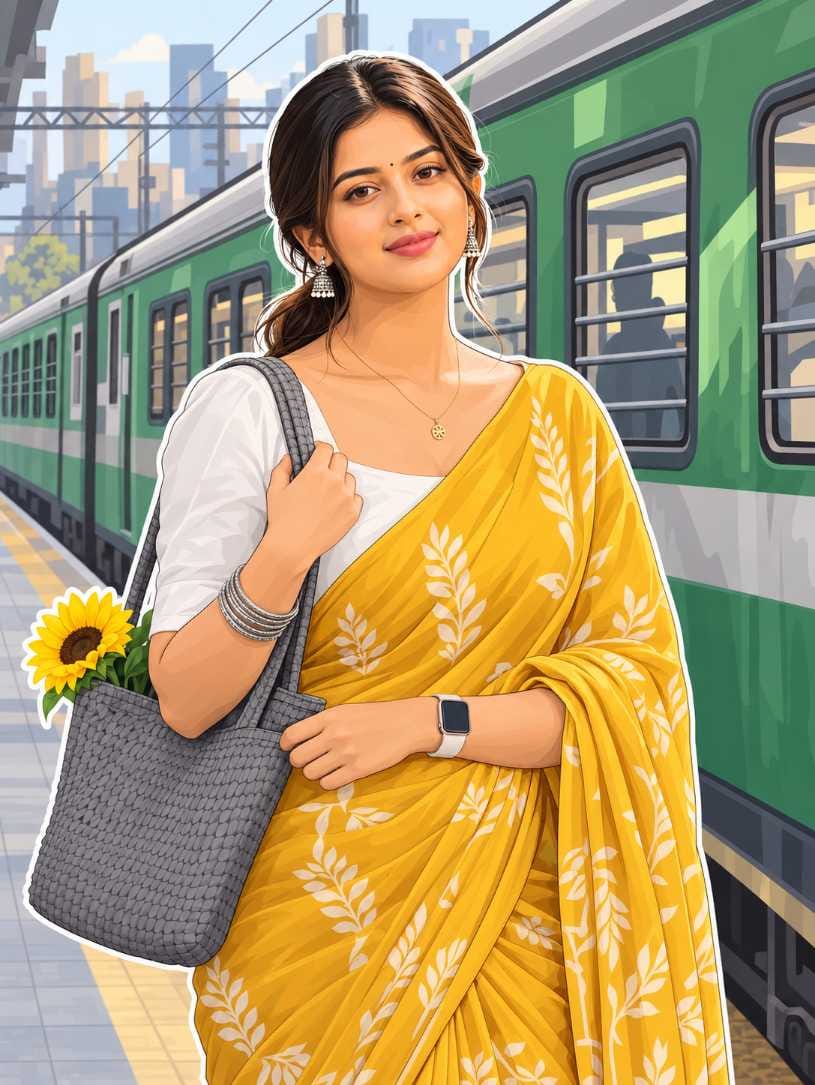 Vector Art Illustration of a girl in yellow saree standing beside a train, ChatGPT photo prompt style