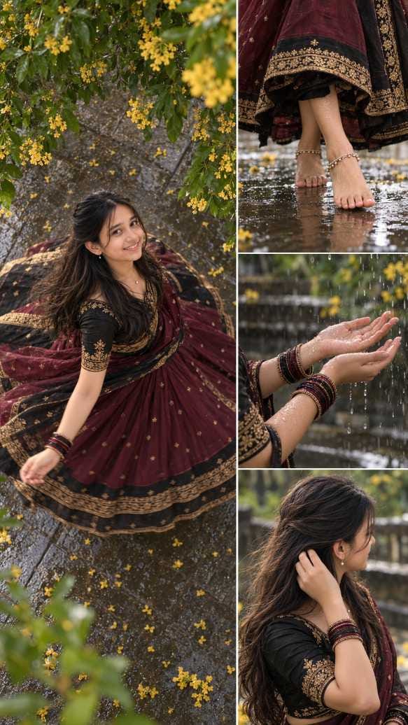 4 panel rain collage AI photo example with twirl lehenga pose
