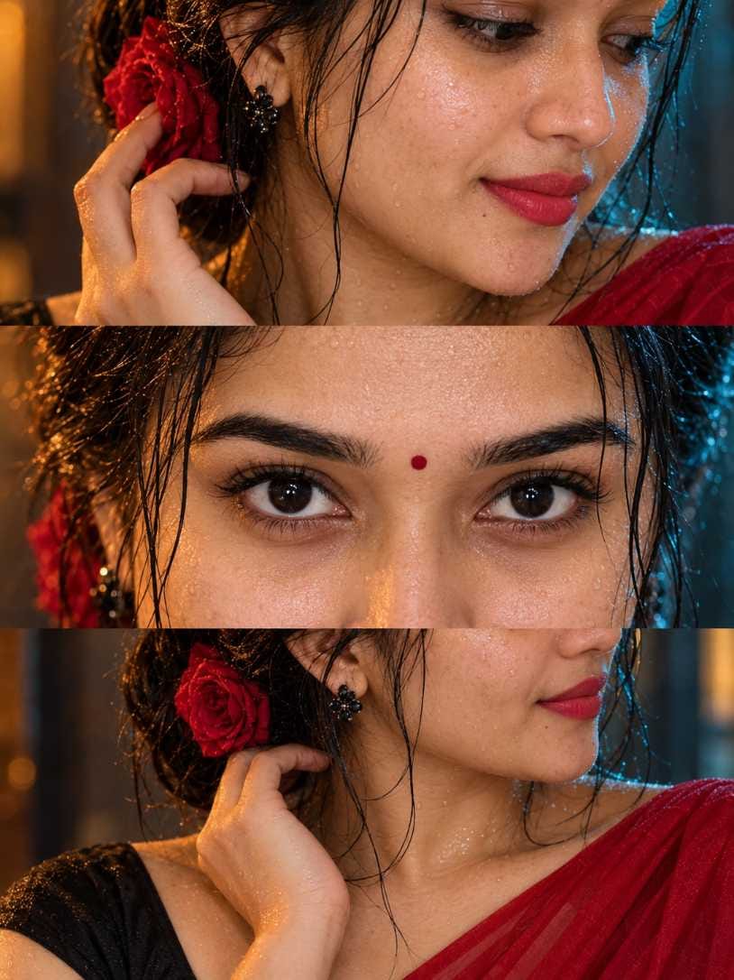 Close up wet skin AI photo prompt with rose and red saree