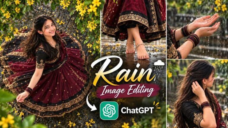 Viral 4 panel rain collage AI photo prompt in lehenga using ChatGPT
