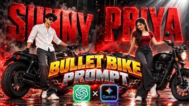 Young man and woman leaning on black bikes with big cracked red 3D name letters, Bullet Bike Prompt text, ChatGPT and Gemini logos