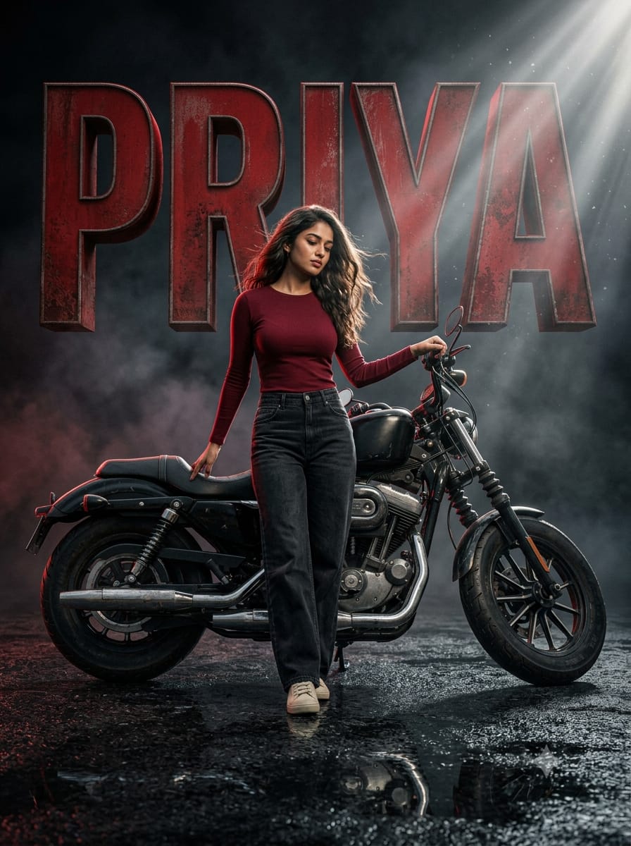 Young woman with long wavy hair standing in front of a black cruiser bike with red weathered 3D PRIYA letters and grey smoke