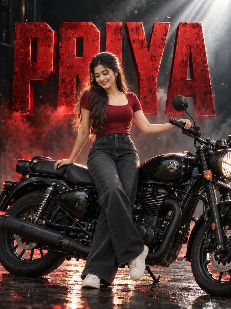 Smiling young woman with long wavy hair leaning on a black cruiser bike with big cracked red 3D PRIYA letters behind her